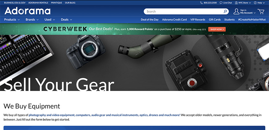 Adorama's website page showing a variety of camera equipment.