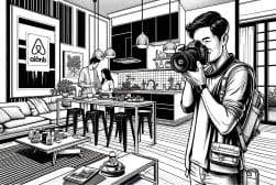 A black and white illustration of a man taking a picture in a living room.