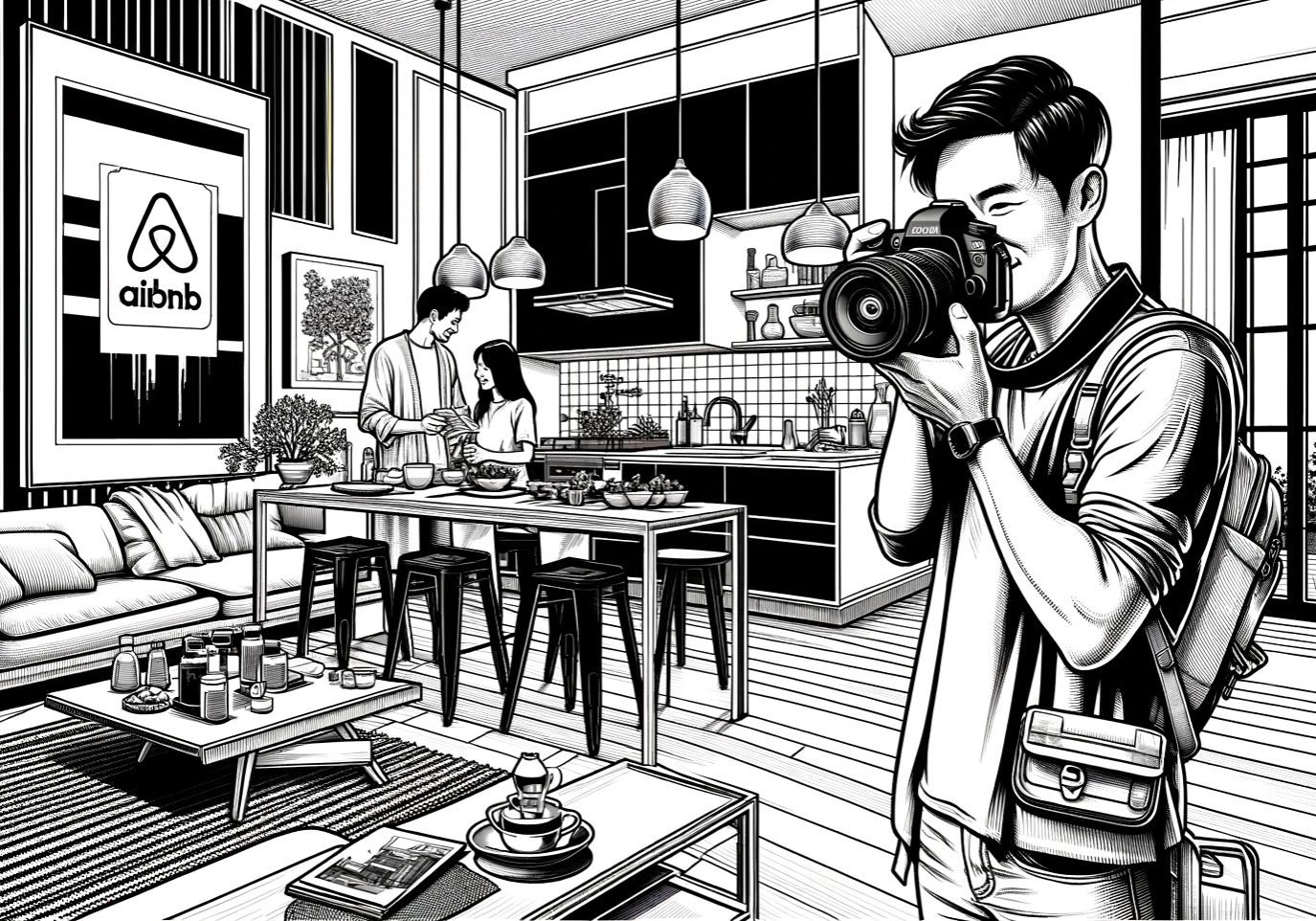 A black and white illustration of a man taking a picture in a living room.