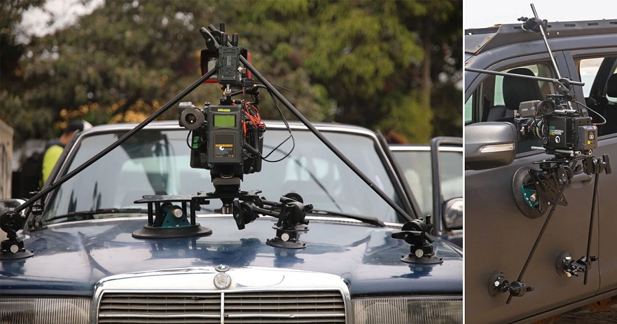 Two pictures of a car with a camera attached to it.