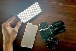 on camera light shining onto Sony mirrorless camera