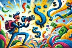 A cartoon illustration of a man with a camera taking pictures of money.