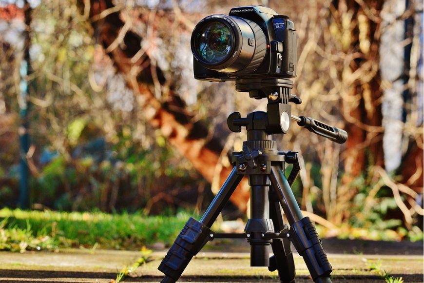 A dslr camera on a tripod in front of a tree.