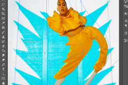 A photo of a woman in a yellow jumpsuit in adobe photoshop.
